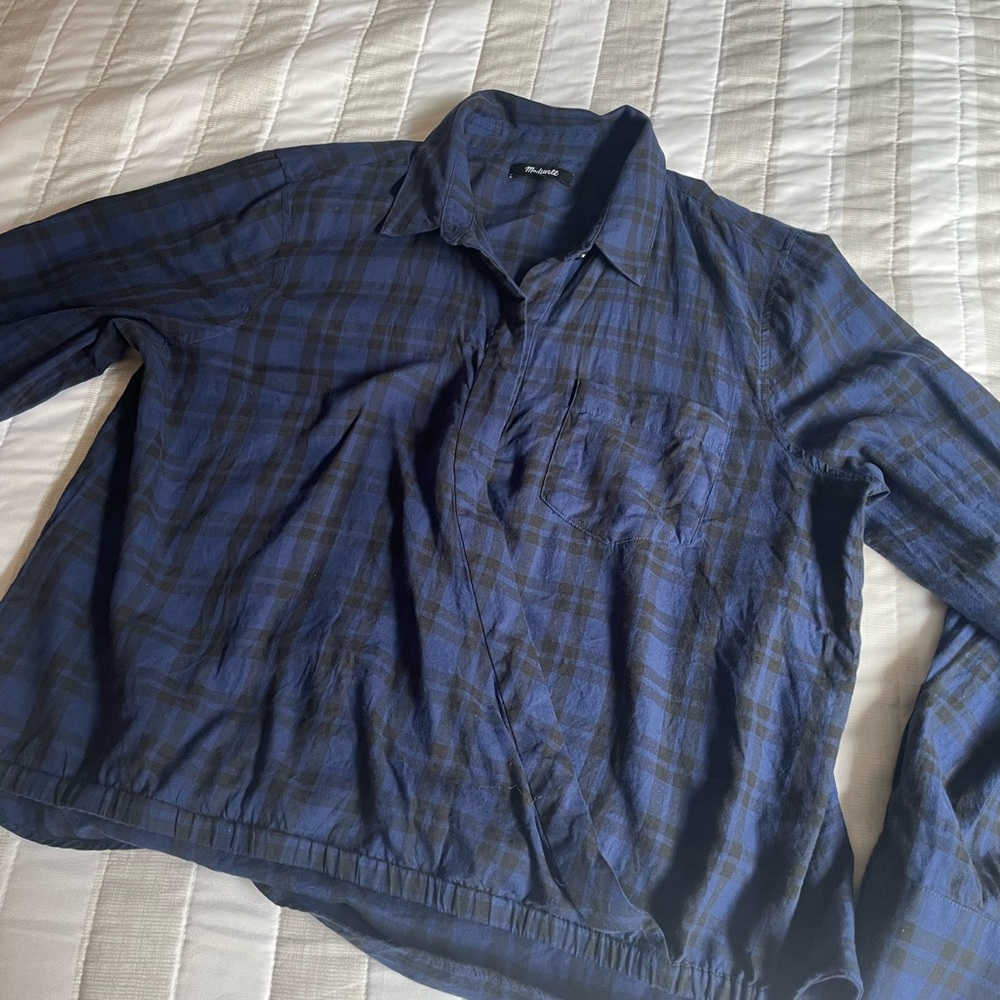 Madewell Plaid Cotton Shirt Wrap Front Elastic Waist